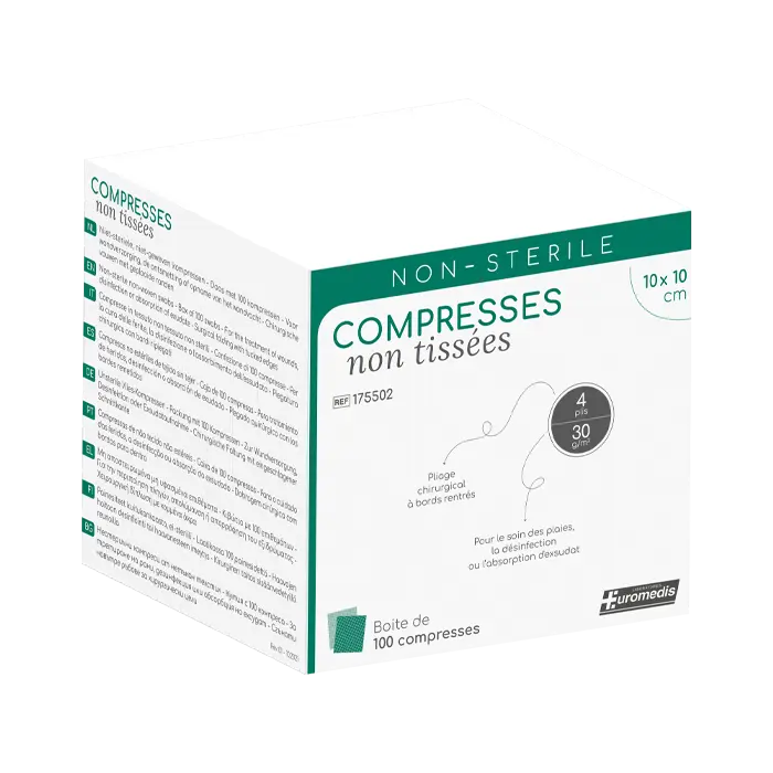 [ALO-PANSMT-EUMED-10X10-X100-3389360005885] Compresses non Tissées non Stériles - 4 Plis - 30g/m² - 10x10cm - Euromedis
