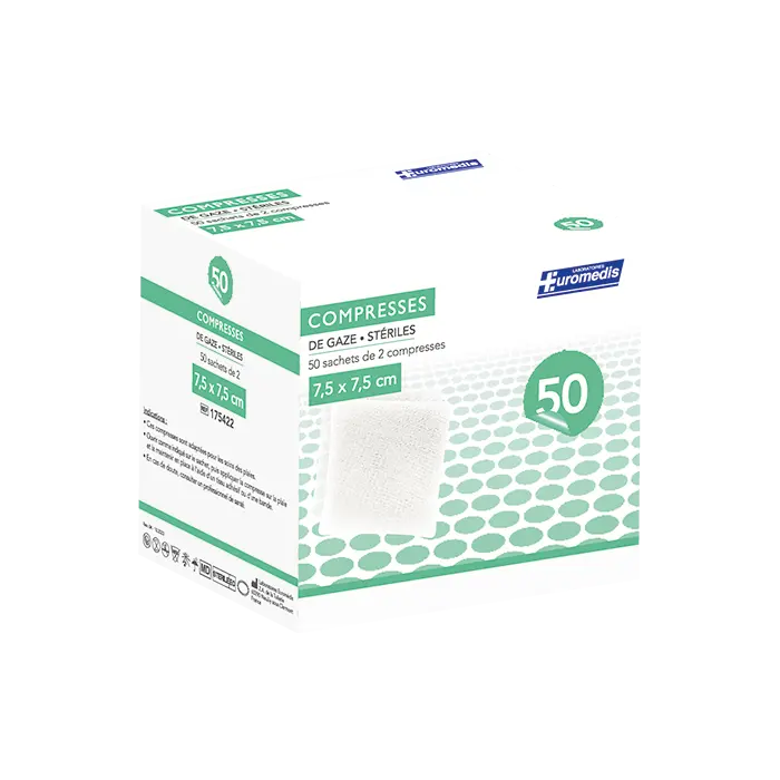 [ALO-PANSMT-EUMED-75X75-X50-3389360000415] Compresses de Gaze Stériles - 8 Plis - 7.5x7.5cm - Boite de 50 - Euromedis