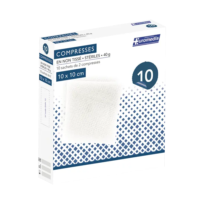 Compresses non Tissées Stériles - 4 Plis - 40g/m² - 10x10cm - Boite de 10 - Euromedis