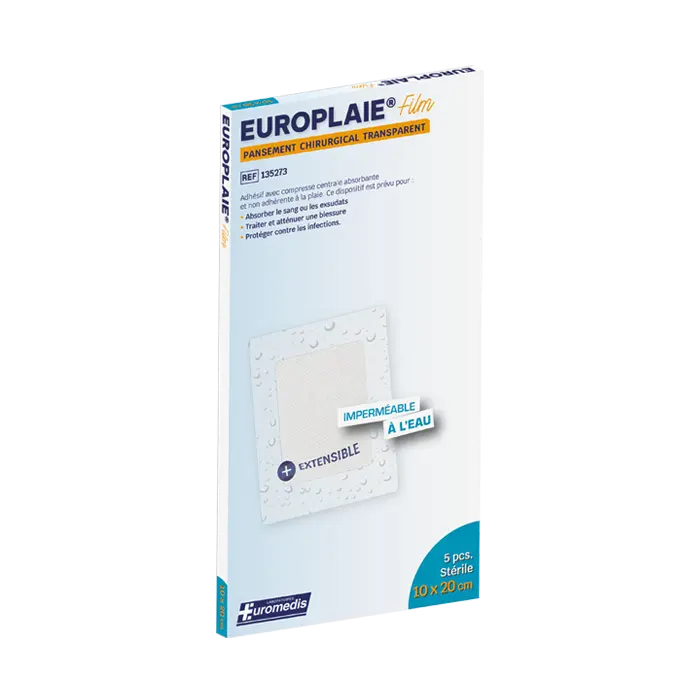 [ALO-PANSMT-EPLAI-10X20-X5-3389360008206] Pansement Adhésif Transparent Stérile avec Compresse - 10x20cm - Europlaie