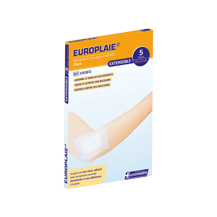 [ALO-PANSMT-EPLAI-10X15-X5-3389360009968] Pansement Adhésif Stérile avec Compresse - 10x15cm - Europlaie