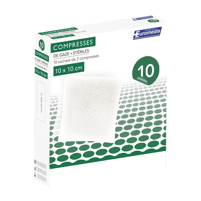 [ALO-PANSMT-EUMED-10X10-X10-3389360000422] Compresses de Gaze Stériles - 8 Plis - 10x10cm - Boite de 10 - Euromedis