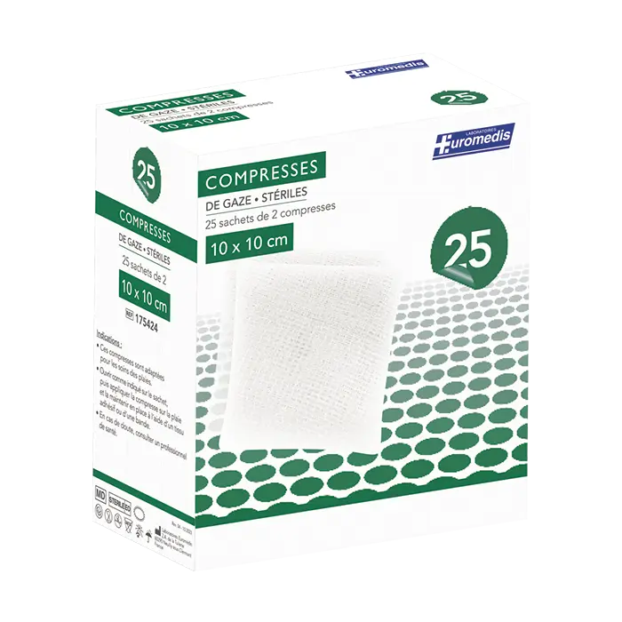 [ALO-PANSMT-EUMED-10X10-X25-3389360000439] Compresses de Gaze Stériles - 8 Plis - 10x10cm - Boite de 25 - Euromedis