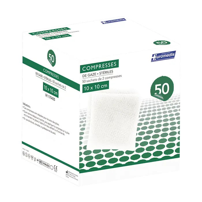 [ALO-PANSMT-EUMED-10X10-X50-3389360000446] Compresses de Gaze Stériles - 8 Plis - 10x10cm - Boite de 50 - Euromedis
