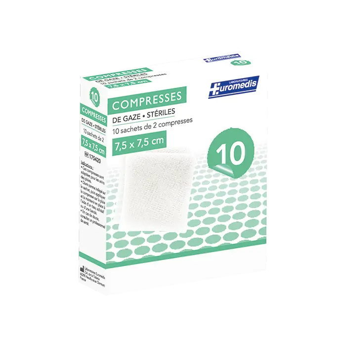 [ALO-PANSMT-EUMED-75X75-X10-3389360000392] Compresses de Gaze Stériles - 8 Plis - 7.5x7.5cm - Boite de 10 - Euromedis