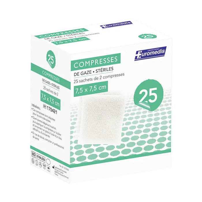 [ALO-PANSMT-EUMED-75X75-X25-3389360000408] Compresses de Gaze Stériles - 8 Plis - 7.5x7.5cm - Boite de 25 - Euromedis