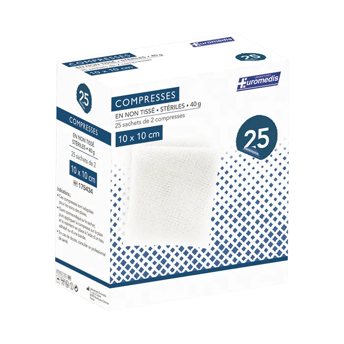 [ALO-PANSMT-EUMED-10X10-X25-3389360000491] Compresses non Tissées Stériles - 4 Plis - 40g/m² - 10x10cm - Boite de 25 - Euromedis