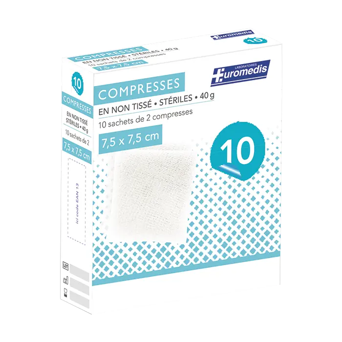[ALO-PANSMT-EUMED-75X75-X10-3389360000453] Compresses non Tissées Stériles - 4 Plis - 40g/m² - 7.5x7.5cm - Boite de 10 - Euromedis