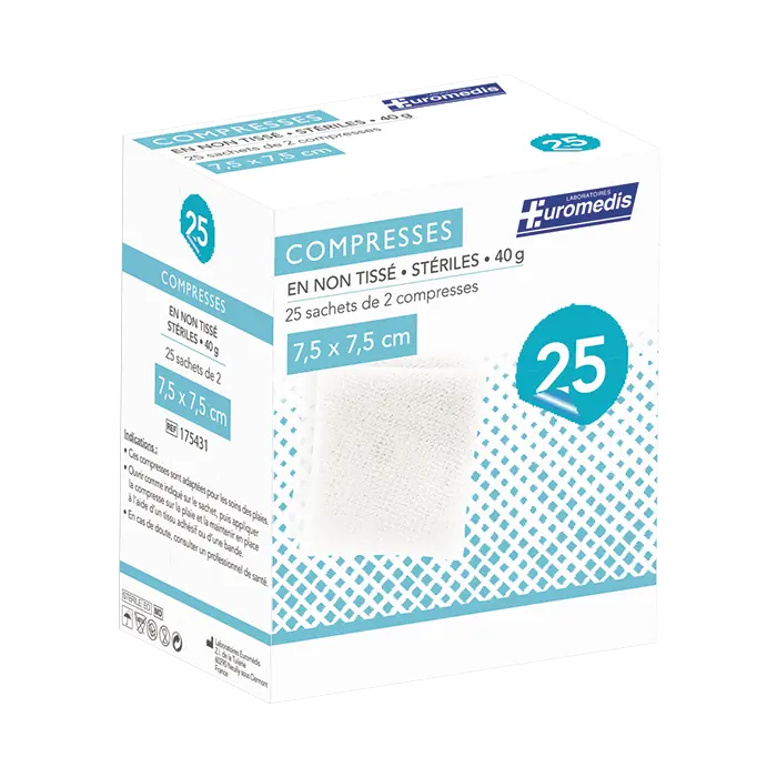 [ALO-PANSMT-EUMED-75X75-X25-3389360000460] Compresses non Tissées Stériles - 4 Plis - 40g/m² - 7.5x7.5cm - Boite de 25 - Euromedis