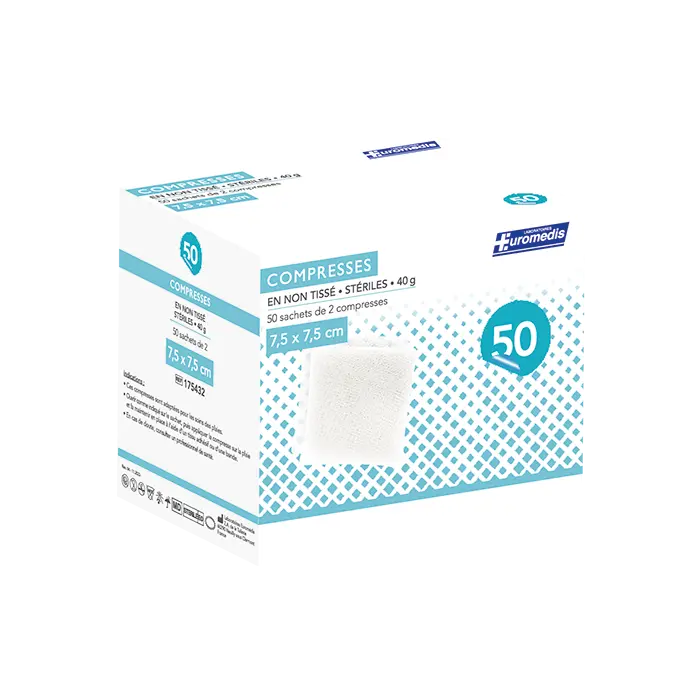 [ALO-PANSMT-EUMED-75X75-X50-3389360000477] Compresses non Tissées Stériles - 4 Plis - 40g/m² - 7.5x7.5cm - Boite de 50 - Euromedis