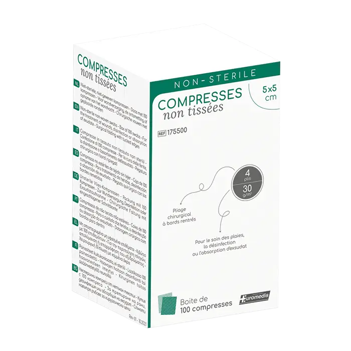 [ALO-PANSMT-EUMED-5X5-X100-3389360005861] Compresses non Tissées non Stériles - 4 Plis - 30g/m² - 5x5cm - Euromedis