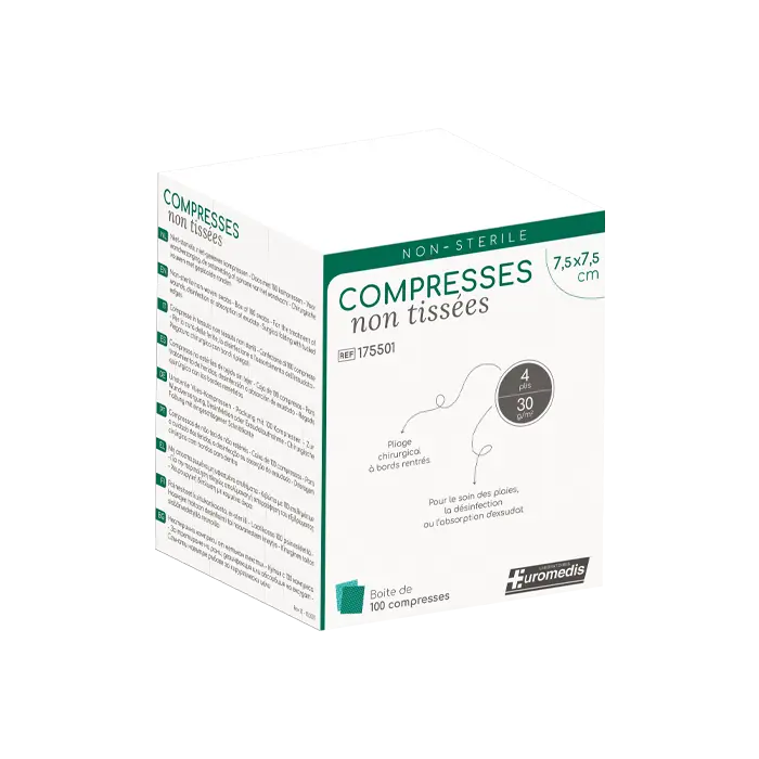 [ALO-PANSMT-EUMED-75X75-X100-3389360005878] Compresses non Tissées non Stériles - 4 Plis - 30g/m² - 7.5x7.5cm - Euromedis