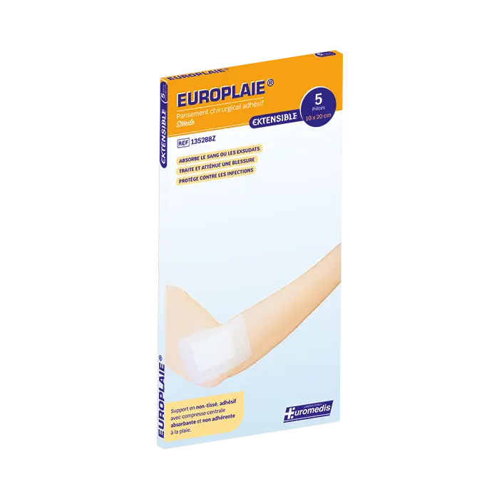 [ALO-PANSMT-EPLAI-10X20-X5-3389360009975] Pansement Adhésif Stérile avec Compresse - 10x20cm - Europlaie
