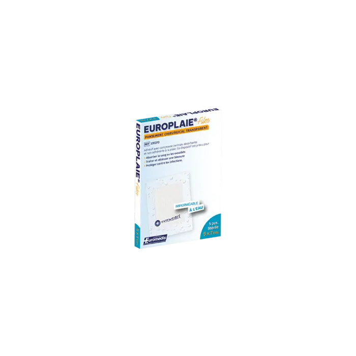 [ALO-PANSMT-EPLAI-5X7-X5-3389360008220] Pansement Adhésif Transparent Stérile avec Compresse - 5x7cm - Europlaie