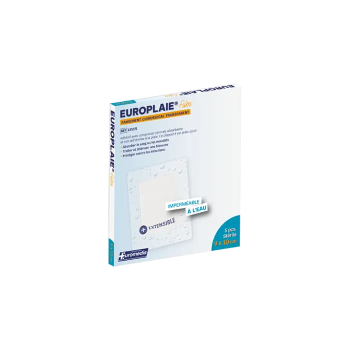[ALO-PANSMT-EPLAI-9X10-X5-3389360008244] Pansement Adhésif Transparent Stérile avec Compresse - 9x10cm - Europlaie