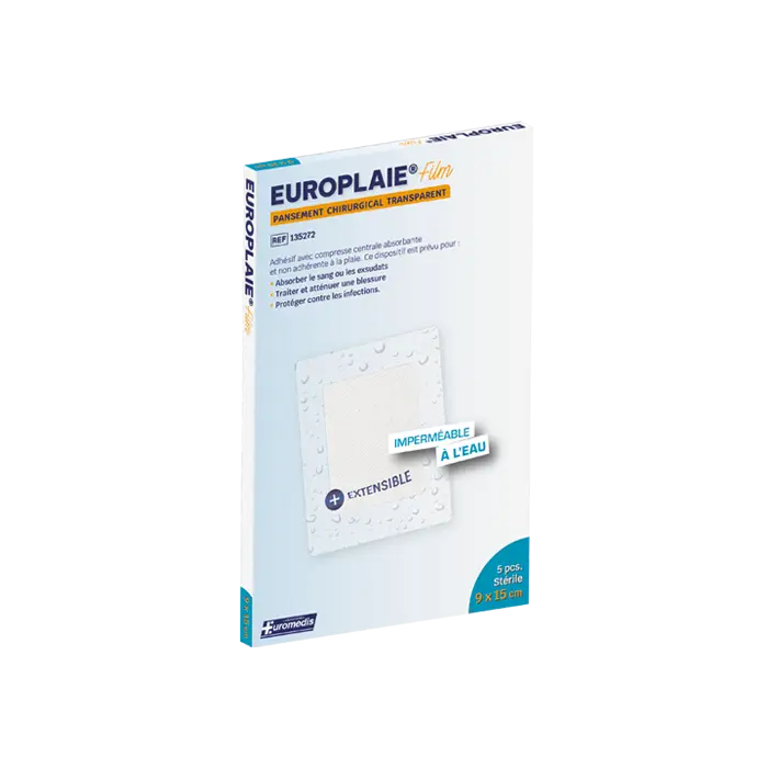 [ALO-PANSMT-EPLAI-9X15-X5-3389360018830] Pansement Adhésif Transparent Stérile avec Compresse - 9x15cm - Europlaie