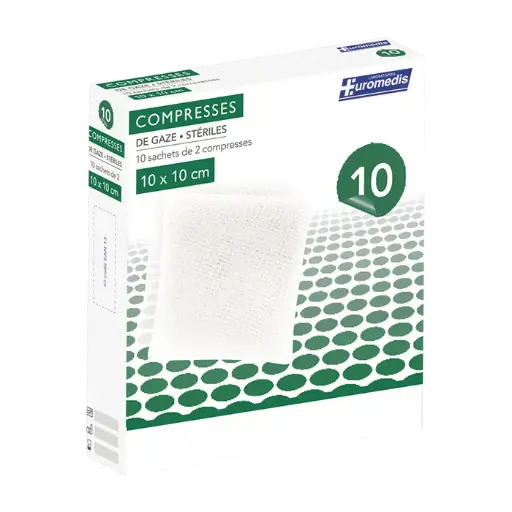 [ALO-PANSMT-EUMED-10X10-X10-3389360000422] Compresses de Gaze Stériles - 8 Plis - 10x10cm - Boite de 10 - Euromedis