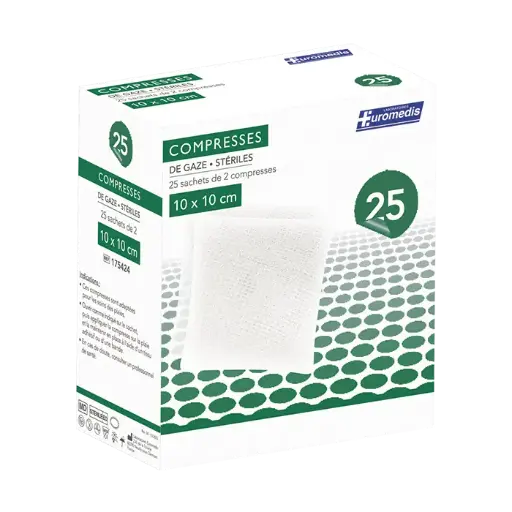 [ALO-PANSMT-EUMED-10X10-X25-3389360000439] Compresses de Gaze Stériles - 8 Plis - 10x10cm - Boite de 25 - Euromedis