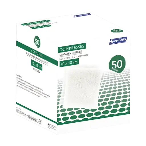[ALO-PANSMT-EUMED-10X10-X50-3389360000446] Compresses de Gaze Stériles - 8 Plis - 10x10cm - Boite de 50 - Euromedis