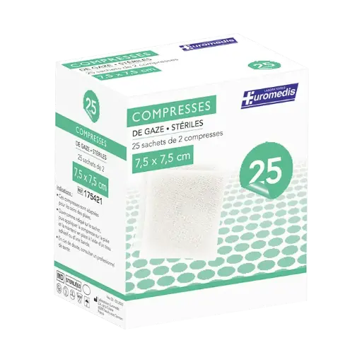 [ALO-PANSMT-EUMED-75X75-X25-3389360000408] Compresses de Gaze Stériles - 8 Plis - 7.5x7.5cm - Boite de 25 - Euromedis