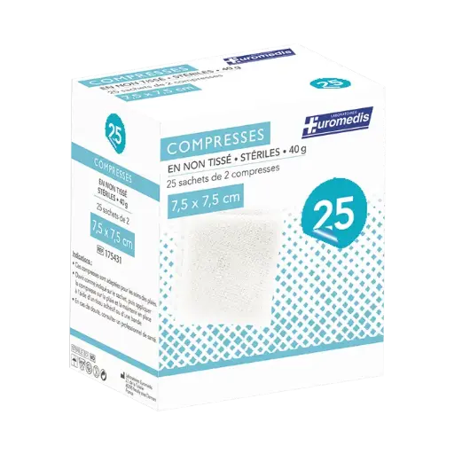 [ALO-PANSMT-EUMED-75X75-X25-3389360000460] Compresses non Tissées Stériles - 4 Plis - 40g/m² - 7.5x7.5cm - Boite de 25 - Euromedis