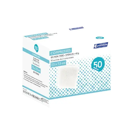 [ALO-PANSMT-EUMED-75X75-X50-3389360000477] Compresses non Tissées Stériles - 4 Plis - 40g/m² - 7.5x7.5cm - Boite de 50 - Euromedis