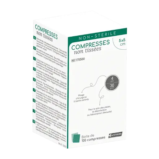 [ALO-PANSMT-EUMED-5X5-X100-3389360005861] Compresses non Tissées non Stériles - 4 Plis - 30g/m² - 5x5cm - Euromedis