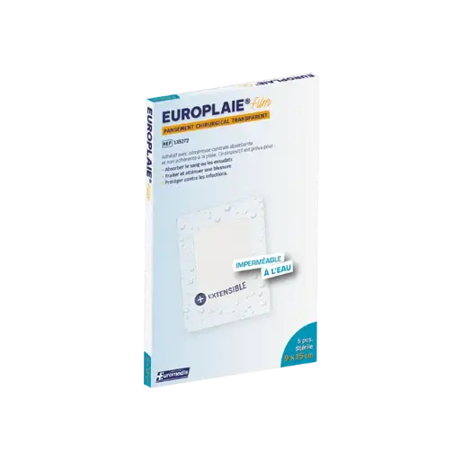 [ALO-PANSMT-EPLAI-9X15-X5-3389360018830] Pansement Adhésif Transparent Stérile avec Compresse - 9x15cm - Europlaie