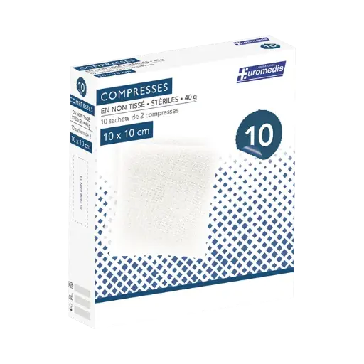 [ALO-PANSMT-EUMED-10X10-X10-3389360000484] Compresses non Tissées Stériles - 4 Plis - 40g/m² - 10x10cm - Boite de 10 - Euromedis