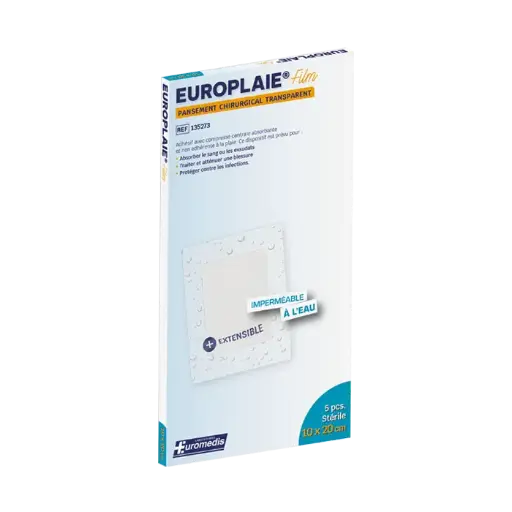 [ALO-PANSMT-EPLAI-10X20-X5-3389360008206] Pansement Adhésif Transparent Stérile avec Compresse - 10x20cm - Europlaie