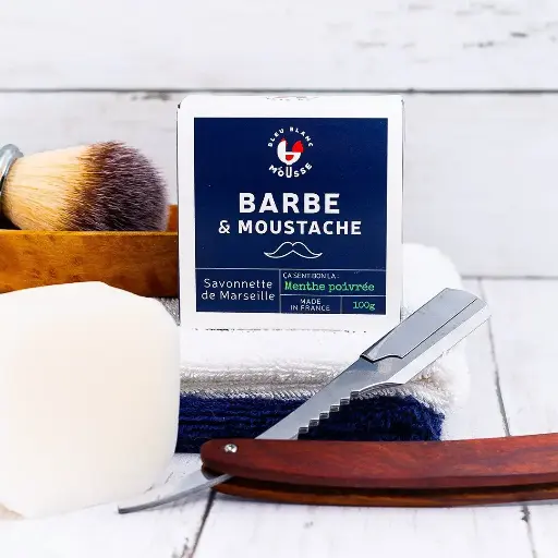[ALO-SAVON-BBM-MENTH-100-3760326781874] Savon Barbe et Moustache - Bleu Blanc Mousse